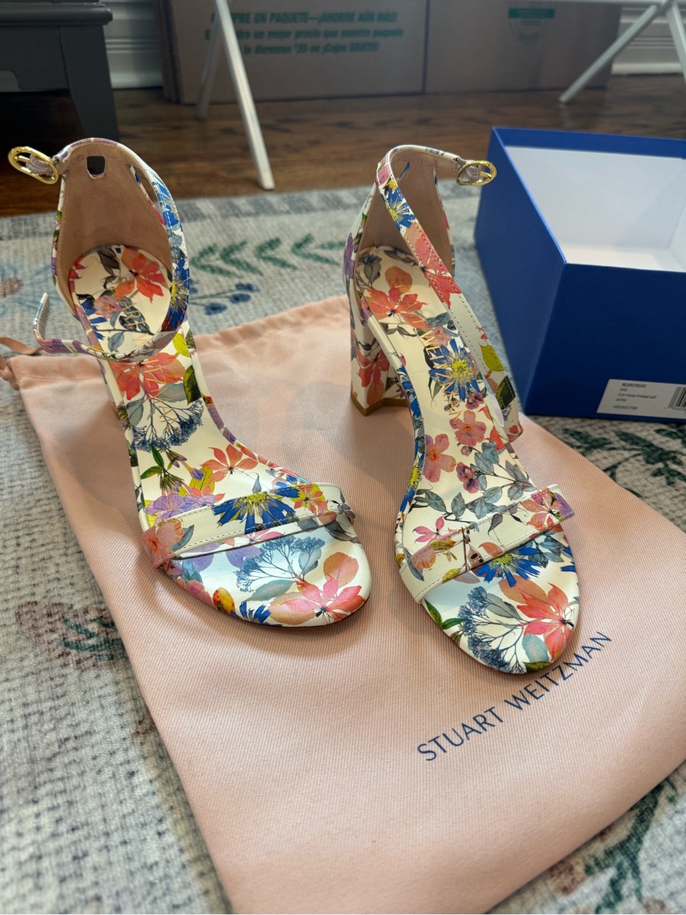 Stuart Weitzman Floral Print Ankle-Strap Block Heel Sandals - White Multi